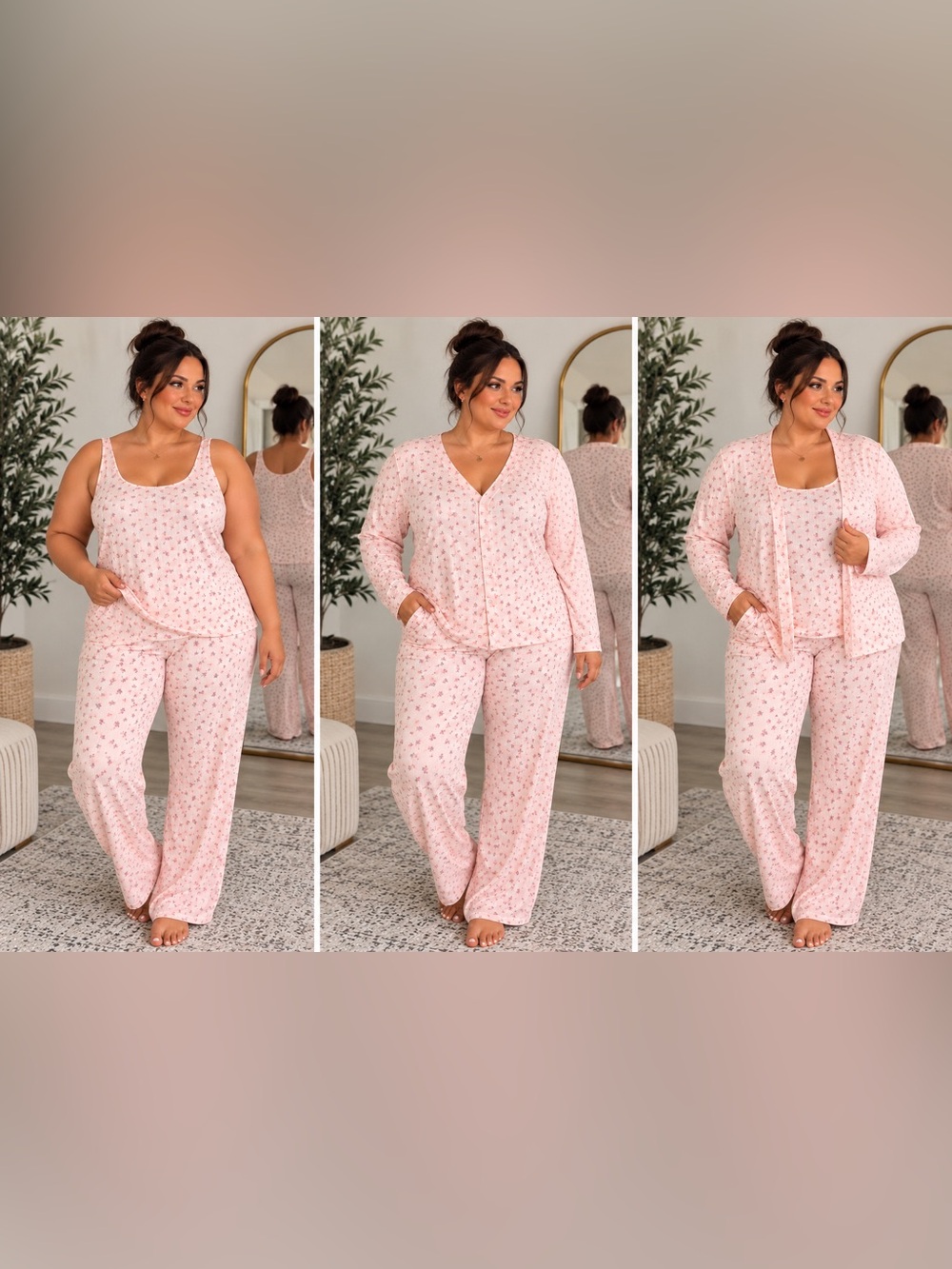 Live 2 Lounge Pink Floral 3-Piece Pajama Set 2X